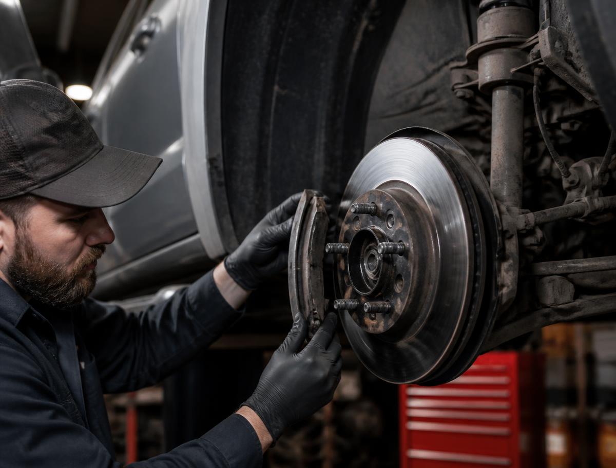 Mechanic replacing brake pads and inspecting a rotor on a pickup truck