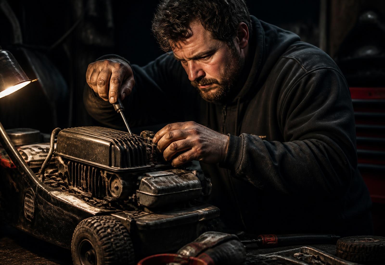 Mechanic repairing a small engine on a workbench in a garage in Ford, WA