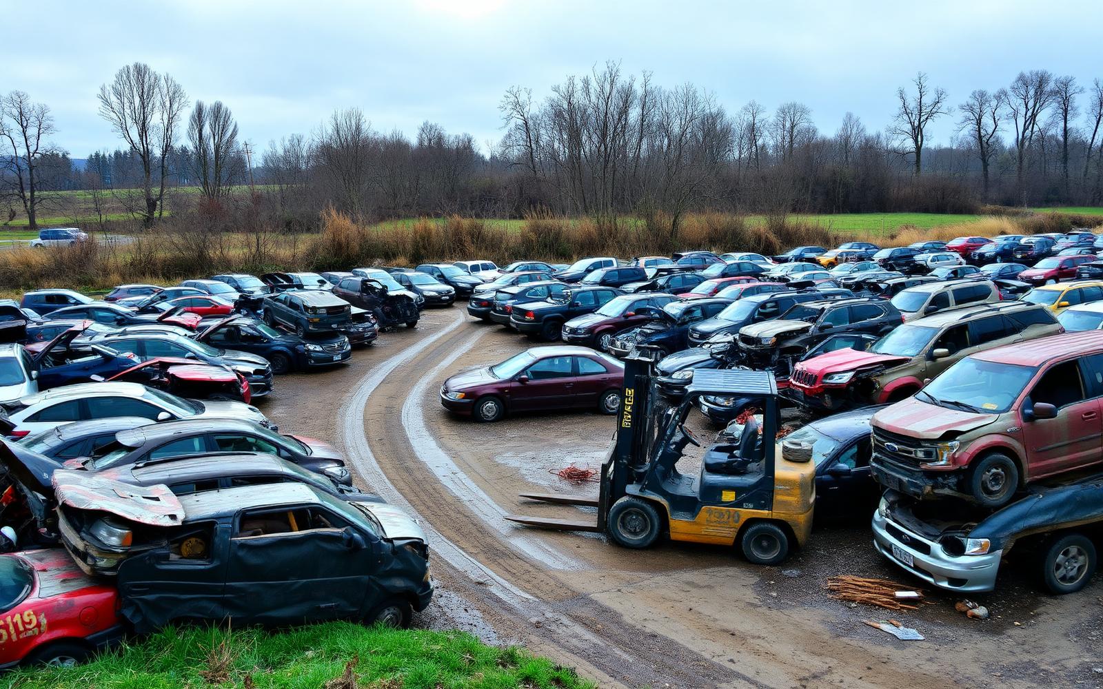 Rows of damaged and salvage vehicles in a rural Eastern Washington yard