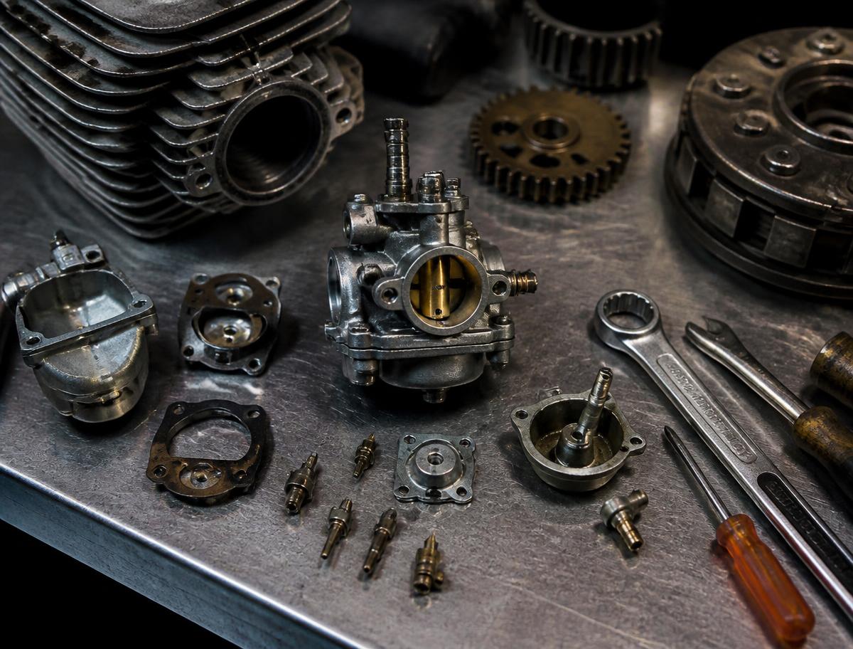 Disassembled small engine carburetor and components on a workbench during a rebuild